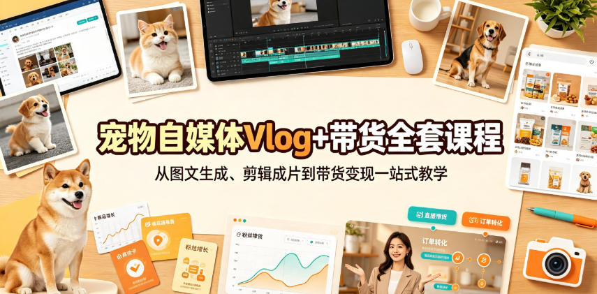 宠物自媒体Vlog+带货全套课程｜从图文生成、剪辑成片到带货变现一站式教学-小白项目网