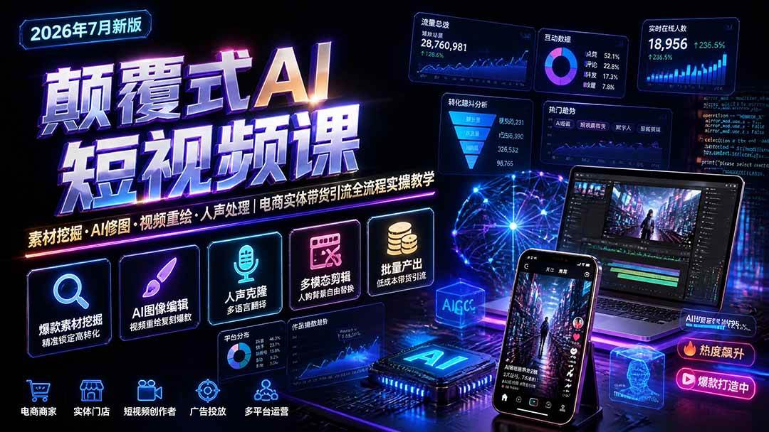 （19630期）颠覆式AI短视频课｜素材挖掘，AI修图，视频重绘，人声处理｜电商实体带货引流全流程实操教学-小栈博客测试网