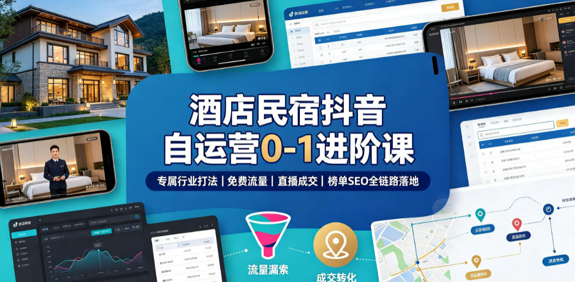 酒店民宿抖音自运营0-1进阶课｜专属行业打法、免费流量+直播成交+榜单SEO全链路落地-副业资源网