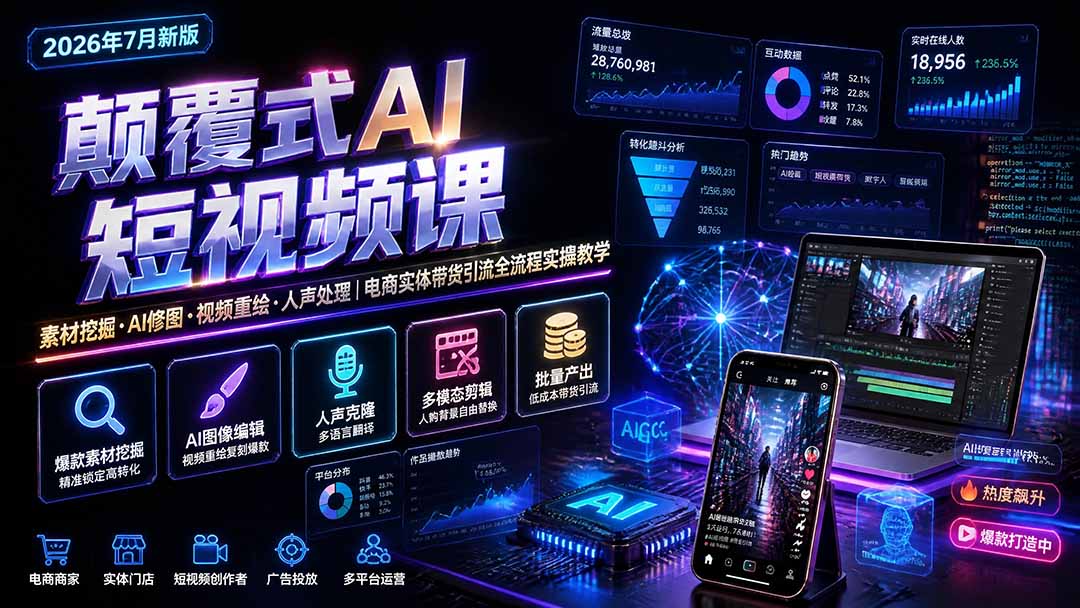 颠覆式AI短视频课｜素材挖掘，AI修图，视频重绘，人声处理｜电商实体带货引流全流程实操教学-怪兽网创俱乐部