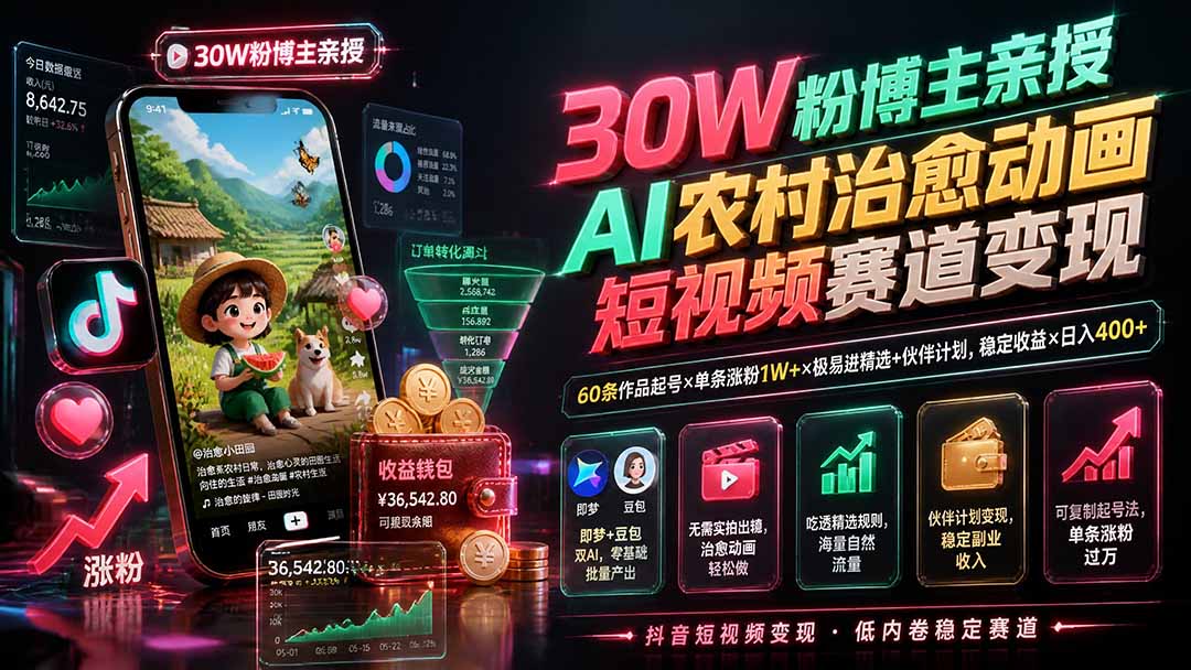 30W粉博主亲授AI农村治愈动画短视频赛道变现:60条作品起号×单条涨粉1W+×极易进精选+伙伴计划,稳定收益×日入400+-网创百晓生