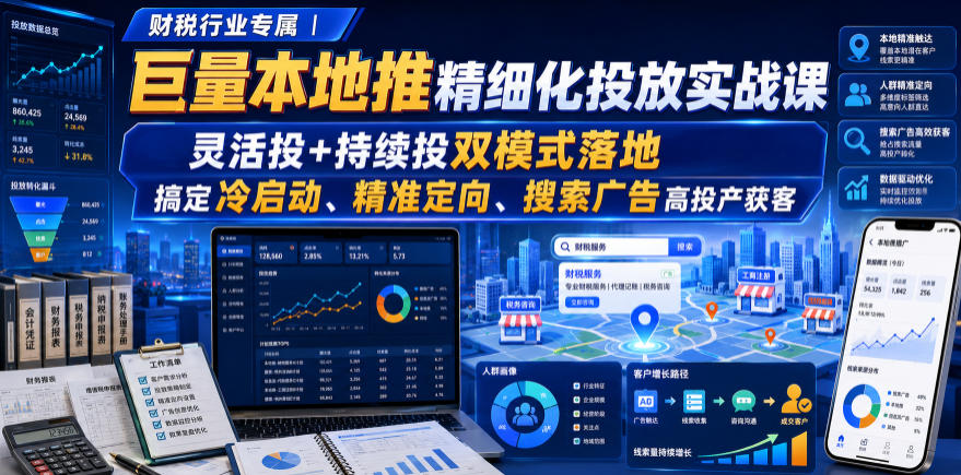 财税行业专属｜巨量本地推精细化投放实战课，灵活投+持续投双模式落地，搞定冷启动、精准定向、搜索广告高投产获客-怪兽网创俱乐部