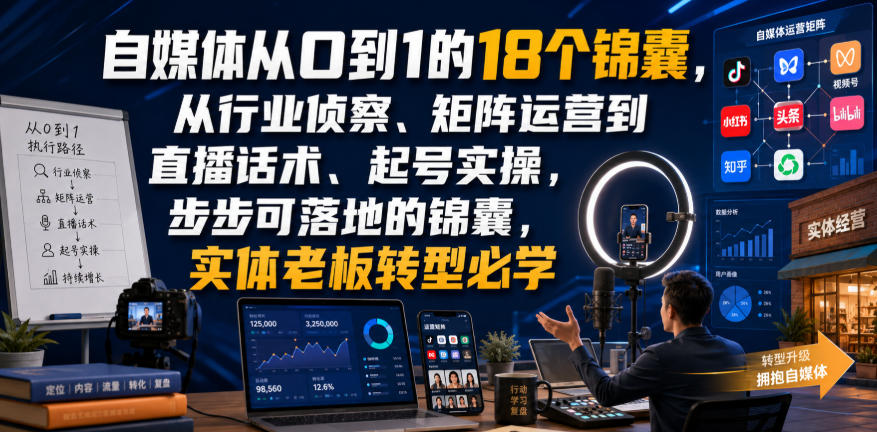 自媒体从0到1的18个锦囊，从行业侦察、矩阵运营到直播话术、起号实操，步步可落地的锦囊，实体老板转型必学 - 网创在线
