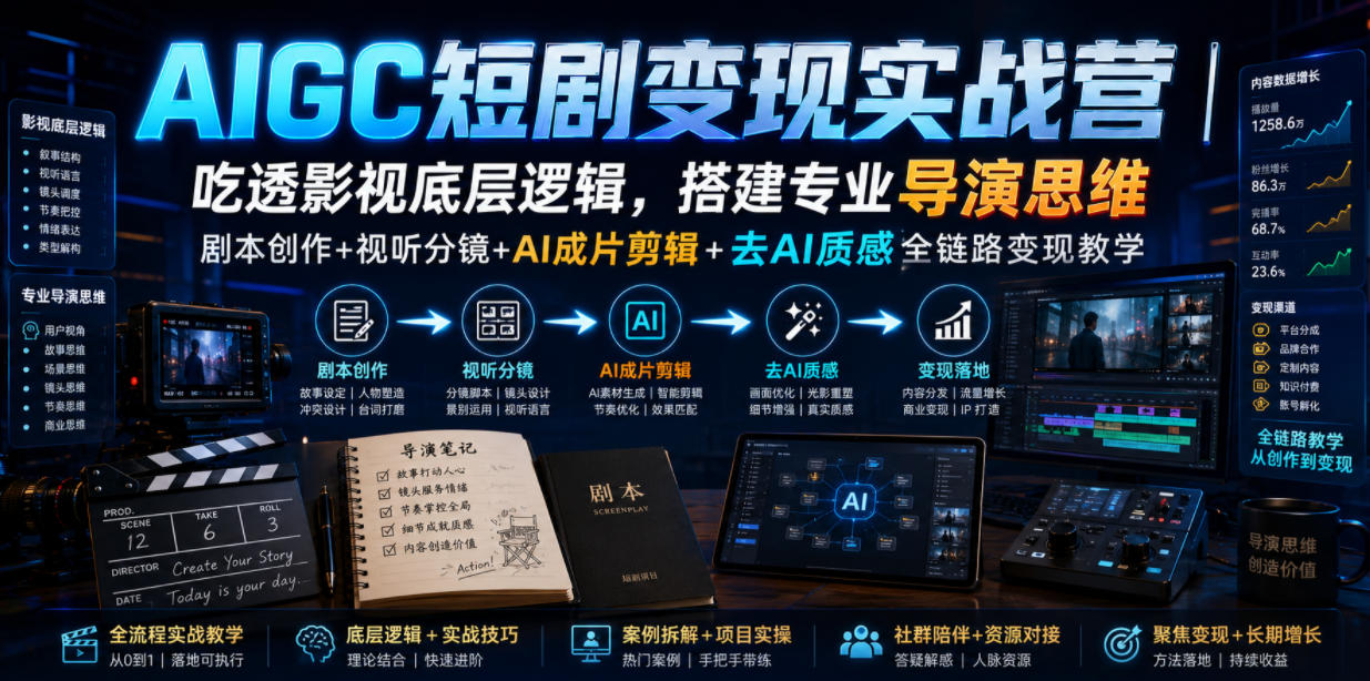 AIGC短剧变现实战营｜吃透影视底层逻辑，搭建专业导演思维，剧本创作+视听分镜+AI成片剪辑+去AI质感全链路变现教学-邪修侠 - 演示