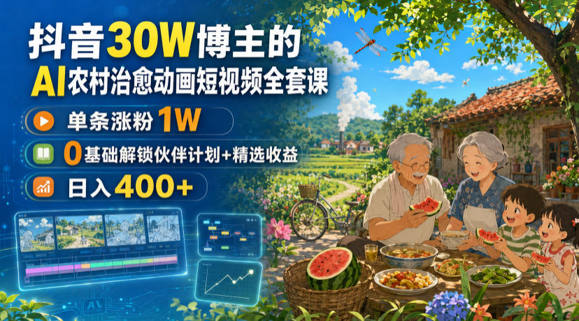 抖音30W博主的AI农村治愈动画短视频全套课｜单条涨粉1W，0基础解锁伙伴计划+精选收益，日入400+-羽桐社资源站