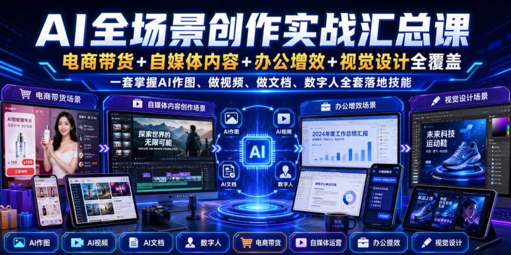 AI全场景创作实战汇总课｜电商带货+自媒体内容+办公增效+视觉设计全覆盖，一套掌握AI作图、做视频、做文档、数字人全套落地技能-怪兽网创俱乐部