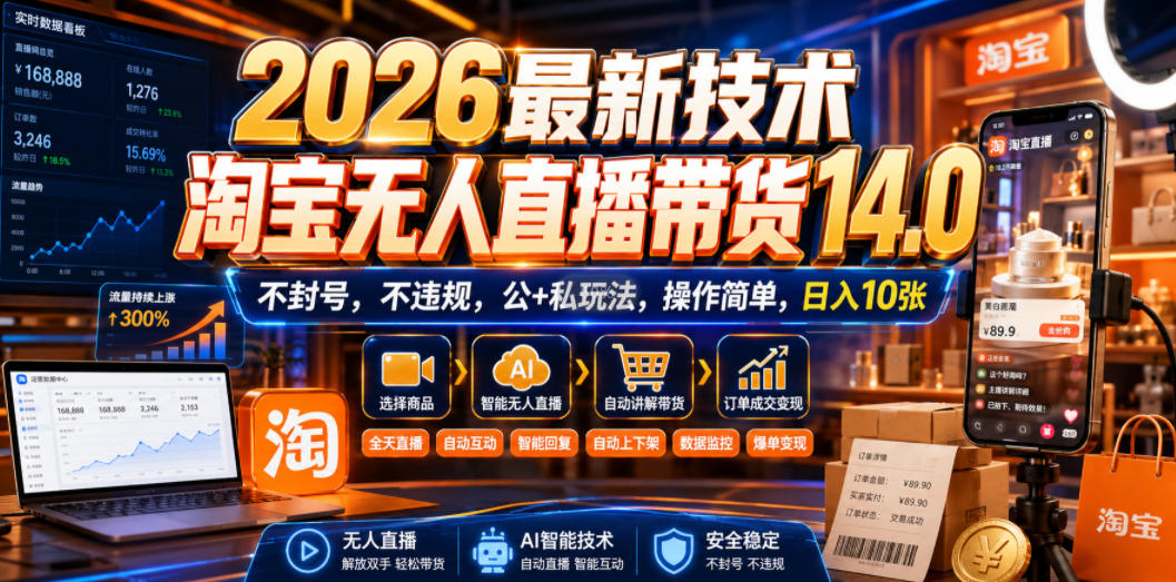2026最新技术，淘宝无人直播带货14.0，不封号，不违规，公+私玩法，操作简单，日入10张【揭秘】-怪兽网创俱乐部