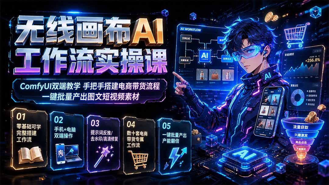 无线画布AI工作流实操课|ComfyUI双端教学,手把手搭建电商带货流程,一键批量产出图文短视频素材-网创百晓生