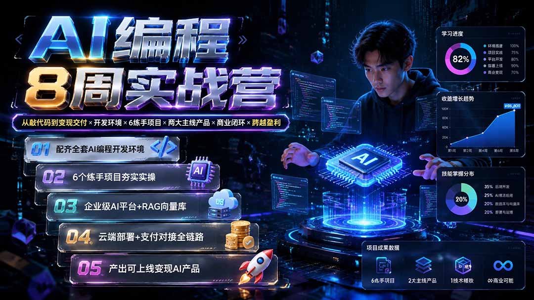 AI编程8周实战营:从敲代码到变现交付×开发环境×6练手项目×两大主线产品×商业闭环×跨越盈利-优优云网创