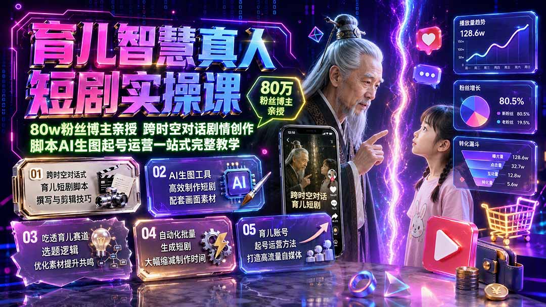 育儿智慧真人短剧实操课｜80w粉丝博主亲授，跨时空对话剧情创作，脚本AI生图起号运营一站式完整教学-网创百晓生