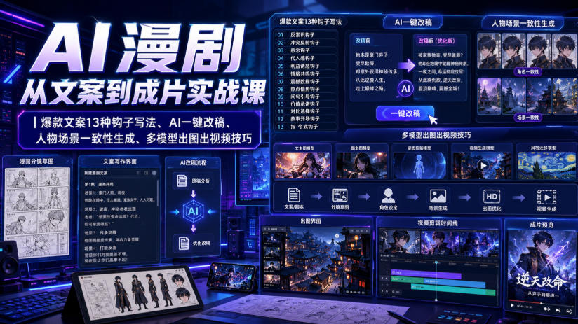 AI漫剧从文案到成片实战课｜爆款文案13种钩子写法、AI一键改稿、人物场景一致性生成、多模型出图出视频技巧-奇点库