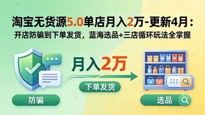 淘宝无货源5.0单店月入2万-更新2026：开店防骗到下单发货，蓝海选品+三店循环玩法全掌握-网创百晓生