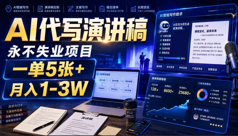 AI代写演讲稿，永不失业项目，一单5张+，月入1-3W【揭秘】-邪修侠 - 演示