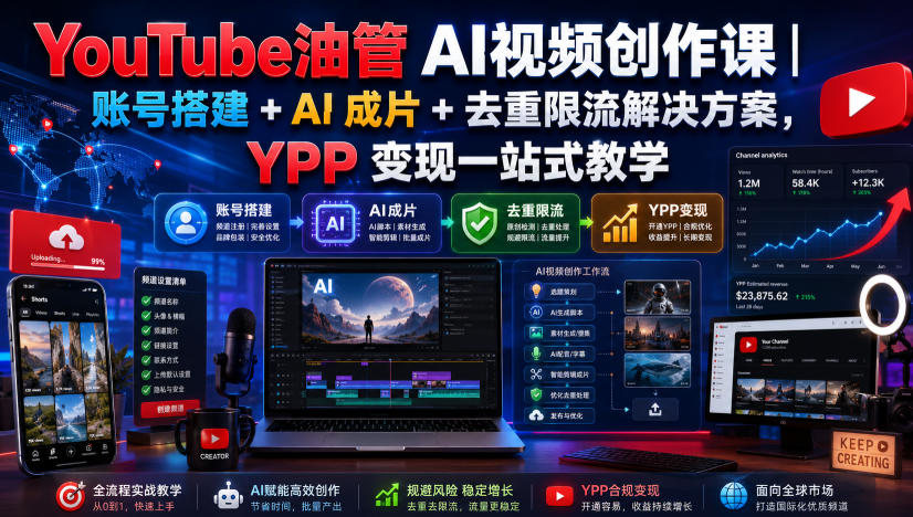 YouTube油管AI视频创作课|账号搭建+AI成片+去重限流解决方案,YPP变现一站式教学 YouTube油管AI视频创作课|账号搭建+AI成片+去重限流解决方案,YPP变现一站式教学