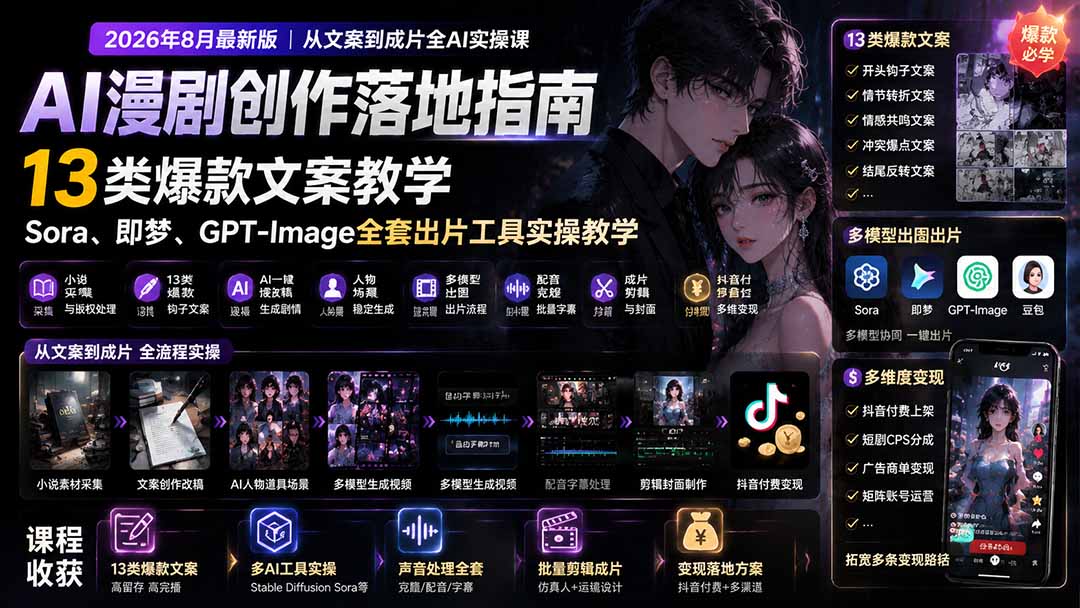 AI漫剧创作落地指南｜13类爆款文案教学，Sora、即梦、GPT-Image全套出片工具实操教学-网创百晓生