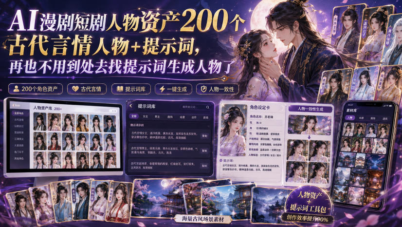AI漫剧短剧人物资产200个古代言情人物+提示词，再也不用到处去找提示词生成人物了-怪兽网创俱乐部