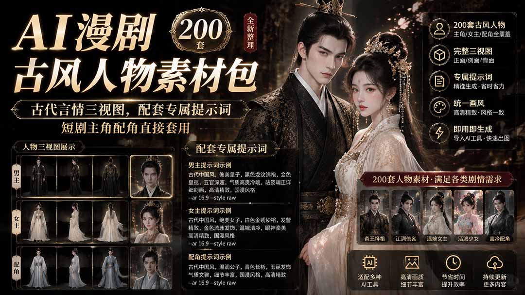AI漫剧古风人物素材包+提示词｜200 套古代言情三视图，配套专属提示词短剧主角配角直接套用-网创百晓生