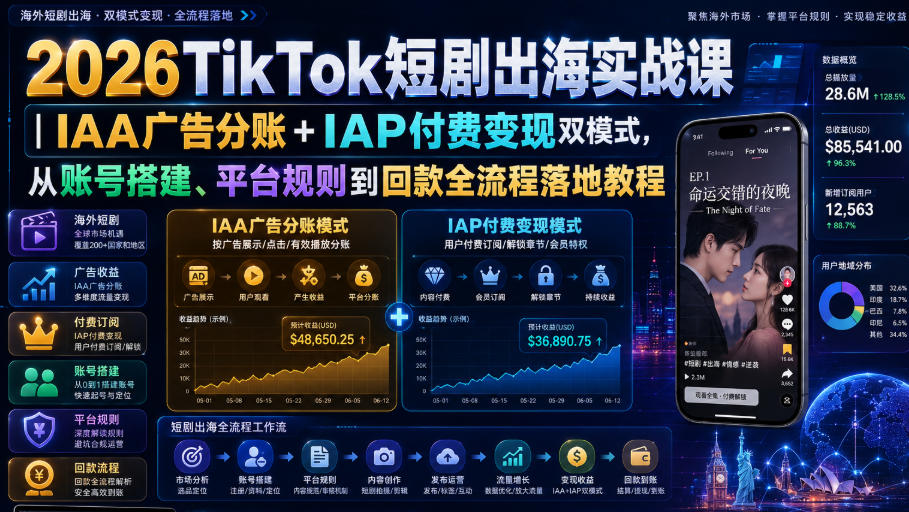 2026TikTok短剧出海实战课｜IAA广告分账+IAP付费变现双模式，从账号搭建、平台规则到回款全流程落地教程-小白项目网