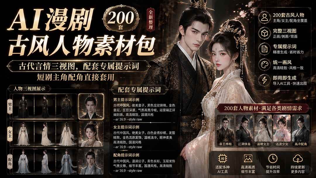 (19693期)AI漫剧古风人物素材包+提示词|200 套古代言情三视图,配套专属提示词短剧主角配角直接套用-小栈博客测试网