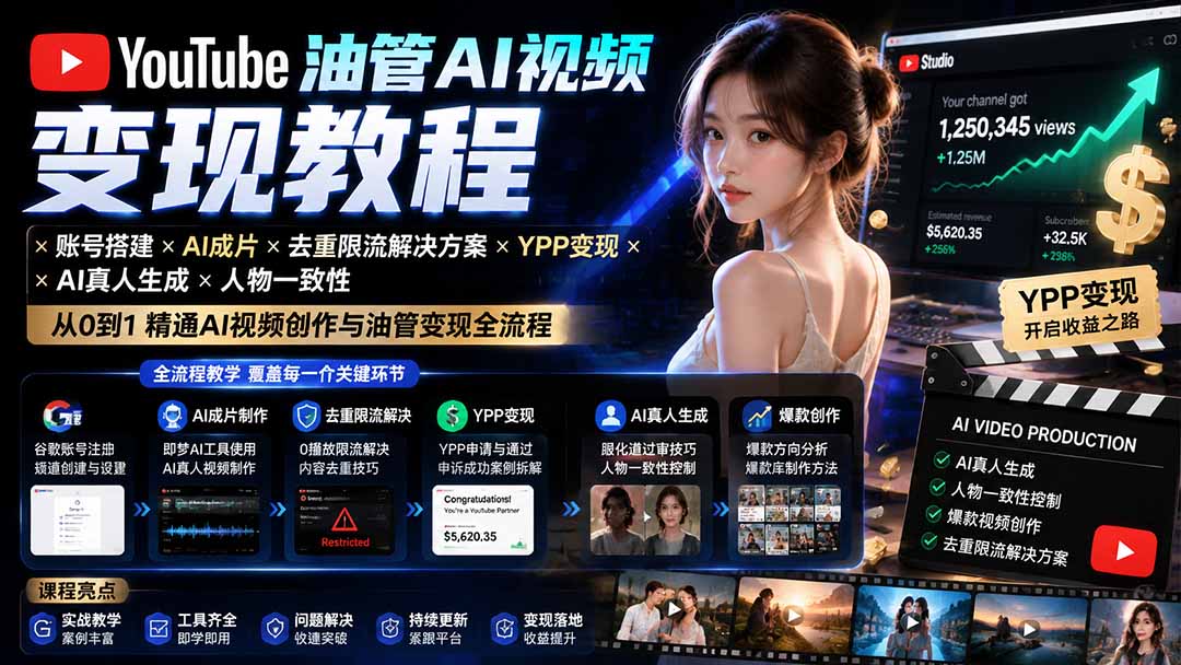 YouTube油管AI视频变现教程：账号搭建×AI成片×去重限流解决方案×YPP变现×AI真人生成×人物一致性-小白项目网