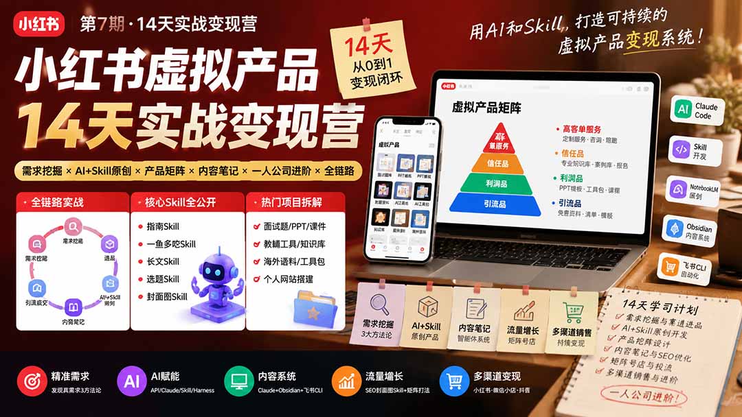 小红书虚拟产品14天实战变现营-第7期：需求挖掘×AI+Skill原创×产品矩阵×内容笔记×一人公司进阶×全链路-怪兽网创俱乐部