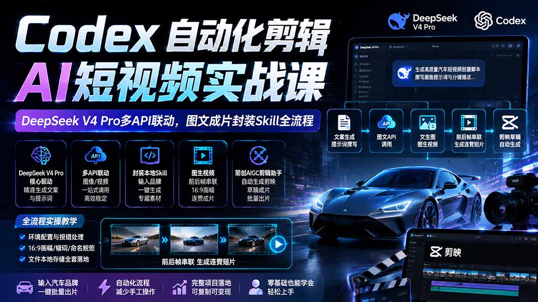 Codex自动化剪辑AI短视频实战课｜DeepSeek V4 Pro多API联动，图文成片封装Skill全流程-怪兽网创俱乐部