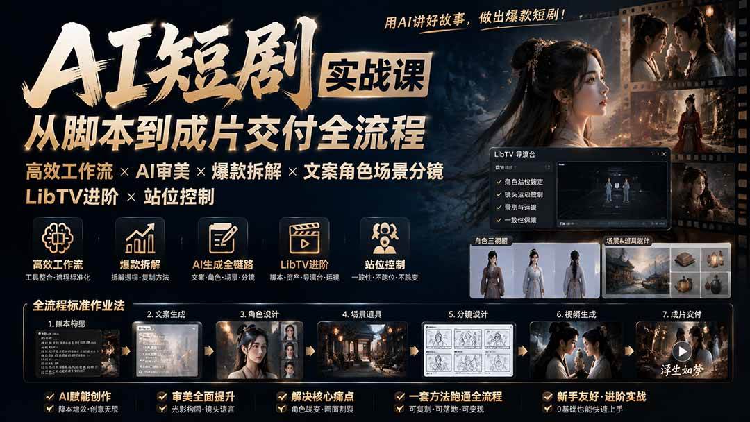 （19717期）AI短剧实战课：高效工作流×AI审美×爆款拆解×文案角色场景分镜×LibTV进阶×站位控制×从脚本到成片交付全流程