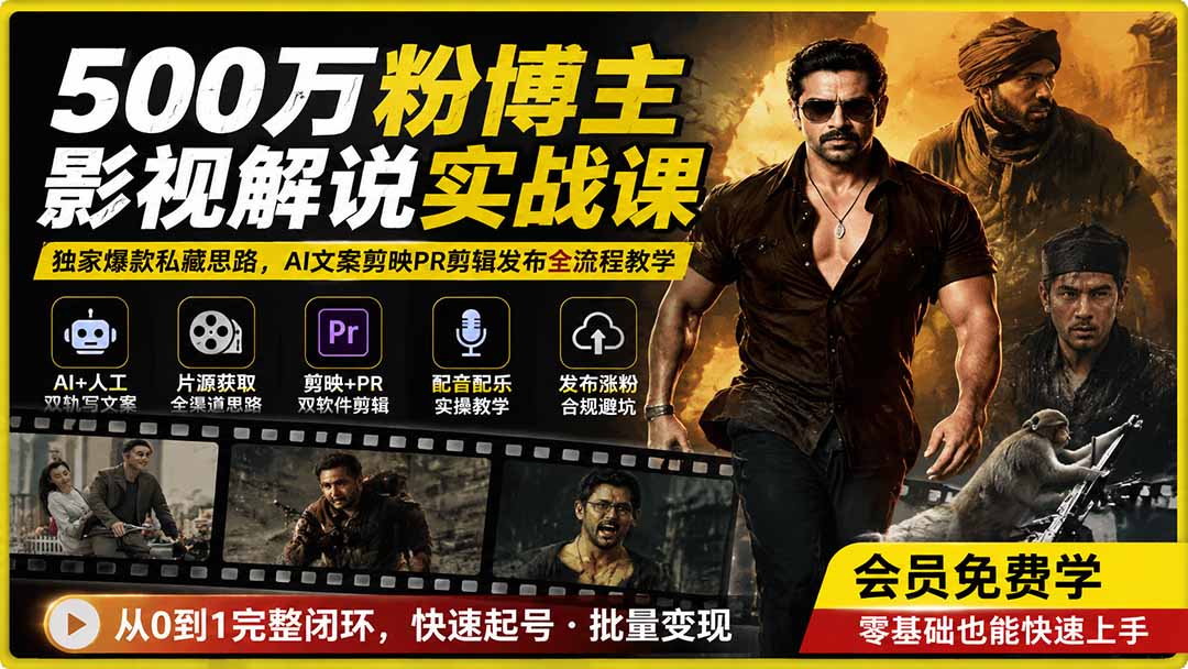 500万粉博主影视解说实战课｜独家爆款私藏思路，AI文案剪映PR剪辑发布全流程教学-小白项目网