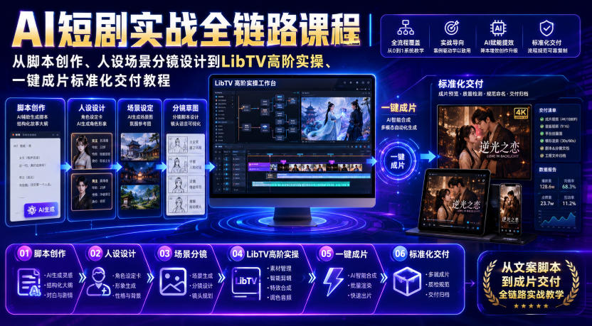 AI短剧实战全链路课程|从脚本创作、人设场景分镜设计到LibTV高阶实操、一键成片标准化交付教程-邪修侠 - 演示