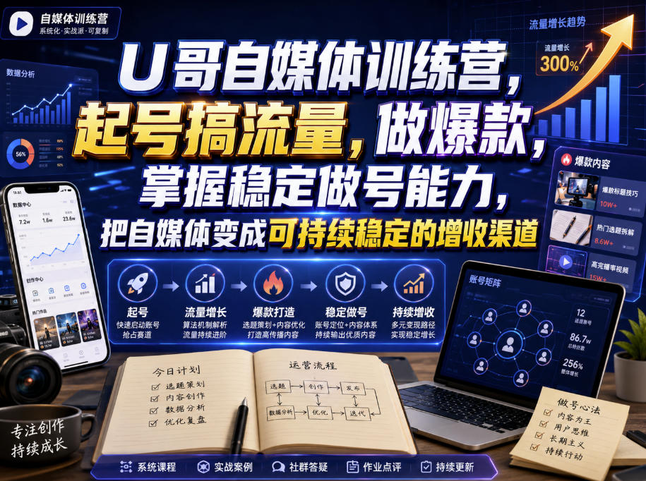 U哥自媒体训练营，起号搞流量，做爆款，掌握稳定做号能力，把自媒体变成可持续稳定的增收渠道-怪兽网创俱乐部