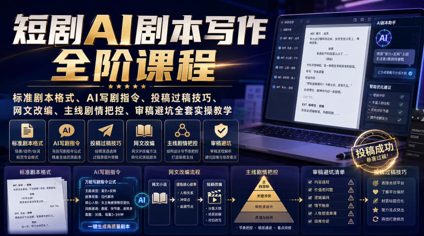 短剧AI剧本写作全阶课程｜标准剧本格式、AI写剧指令、投稿过稿技巧、网文改编、主线剧情把控、审稿避坑全套实操教学-怪兽网创俱乐部