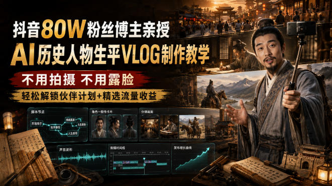抖音80W粉丝博主的AI历史人物生平VLOG教学，不用拍摄不用露脸，AI帮你搞定，轻松解锁伙伴计划+精选收益-怪兽网创俱乐部