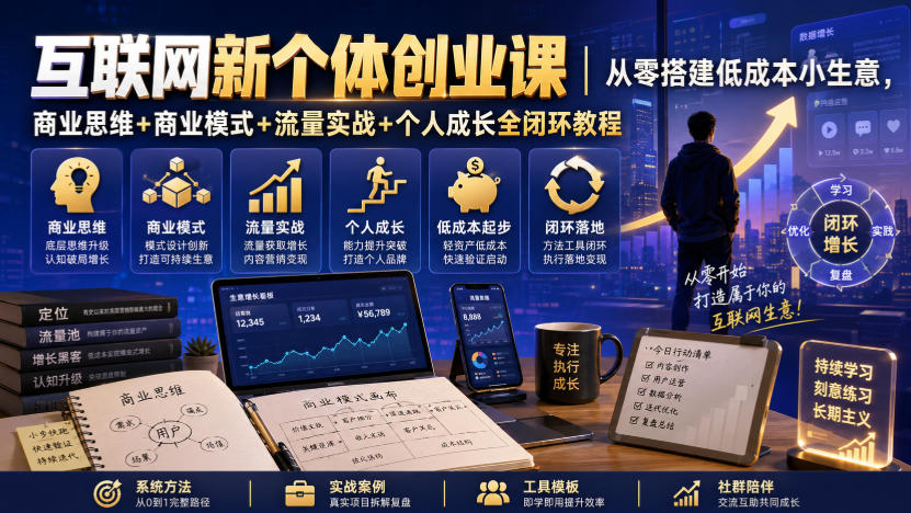 互联网新个体创业课｜从零搭建低成本小生意，商业思维+商业模式+流量实战+个人成长全闭环教程-怪兽网创俱乐部