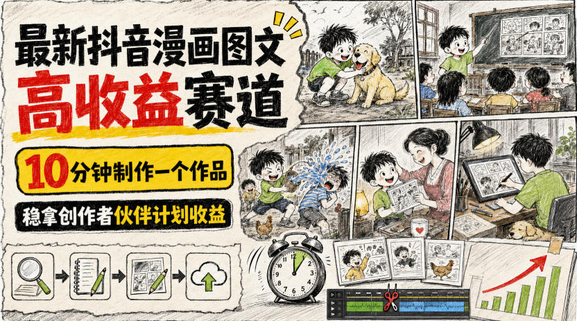 最新抖音漫画图文高收益赛道，10分钟制作一个作品，稳拿创作者伙伴计划收益-怪兽网创俱乐部