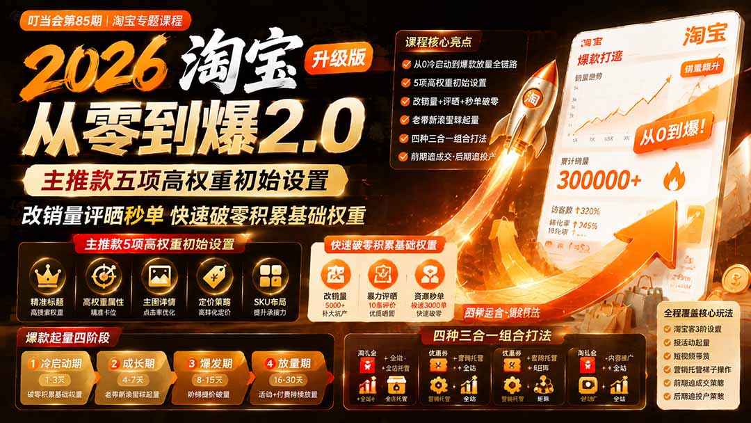 2026淘宝从零到爆2.0第85期；主推款五项高权重初始设置，改销量评晒秒单快速破零积累基础权重-怪兽网创俱乐部