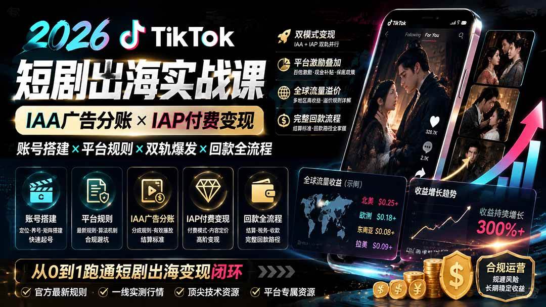 (19740期)2026TikTok短剧出海实战课:IAA广告分账×IAP付费变现×账号搭建×平台规则×双轨爆发×回款全流程-小栈博客测试网