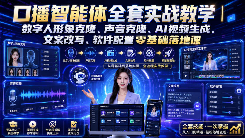 口播智能体全套实战教学｜数字人形象克隆、声音克隆、AI视频生成、文案改写、软件配置零基础落地课-怪兽网创俱乐部
