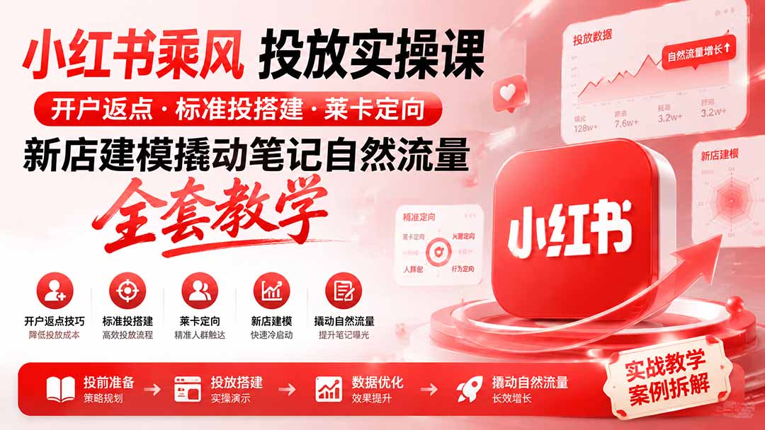 小红书乘风投放-100分钟实操课｜开户返点·标准投搭建·莱卡定向，新店建模撬动笔记自然流量全套教学-怪兽网创俱乐部