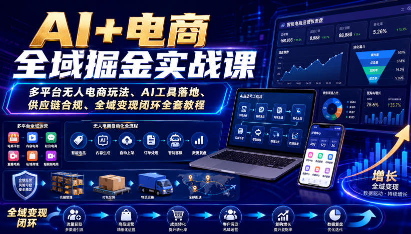 AI+电商全域掘金实战课｜多平台无人电商玩法、AI工具落地、供应链合规、全域变现闭环全套教程-怪兽网创俱乐部