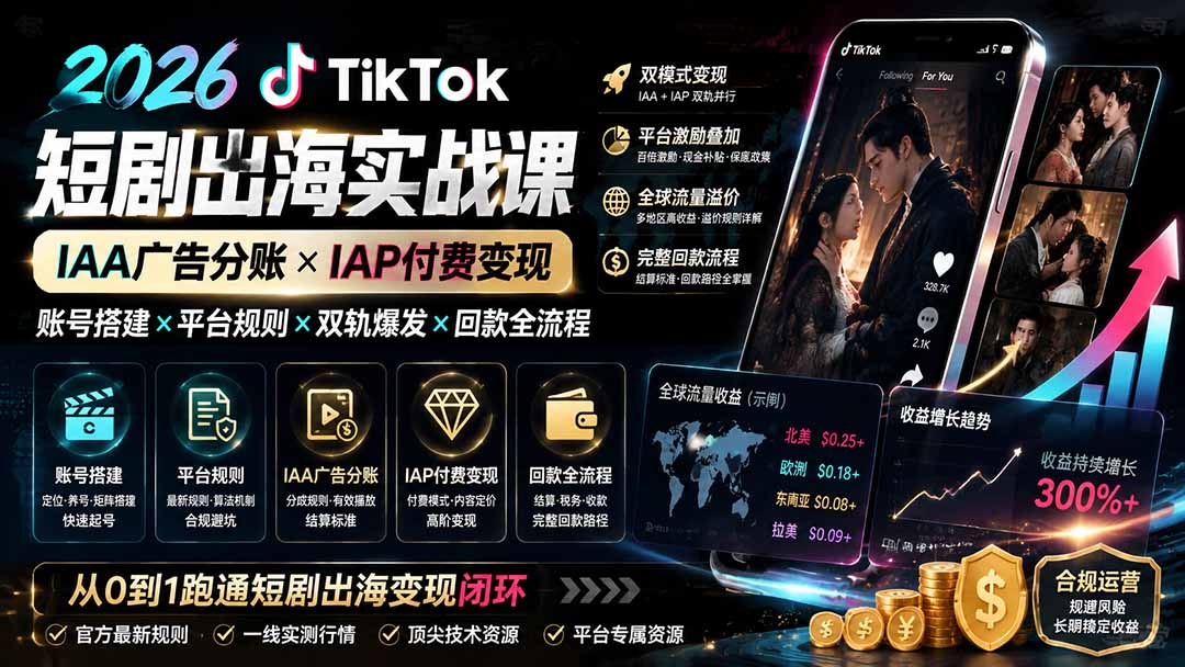 2026TikTok短剧出海实战课：IAA广告分账×IAP付费变现×账号搭建×平台规则×双轨爆发×回款全流程