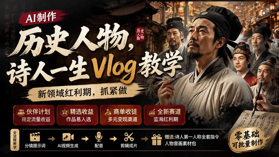 历史人物，诗人一生Vlog教学， AI制作丨伙伴计划丨精选收益丨商单收徒 ，新领域红利期，抓紧做-怪兽网创俱乐部
