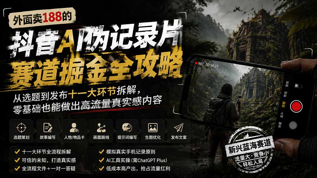 外面卖188的抖音AI伪记录片赛道掘金全攻略;从选题到发布十一大环节拆解,零基础也能做出高流量真实感内容-怪兽网创俱乐部