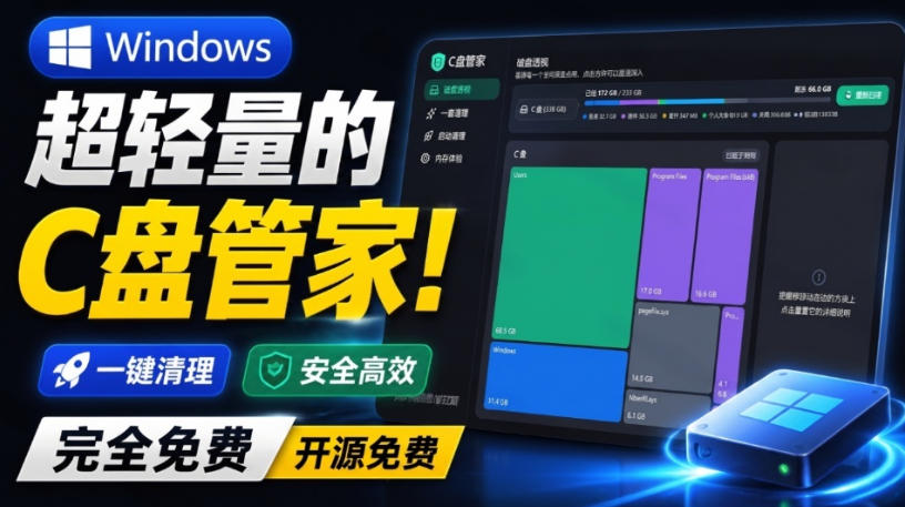Windows超轻量的C盘管家！超级有特点，支持磁盘分析及清理提醒，2M大小体积，完全免费C盘管家-怪兽网创俱乐部