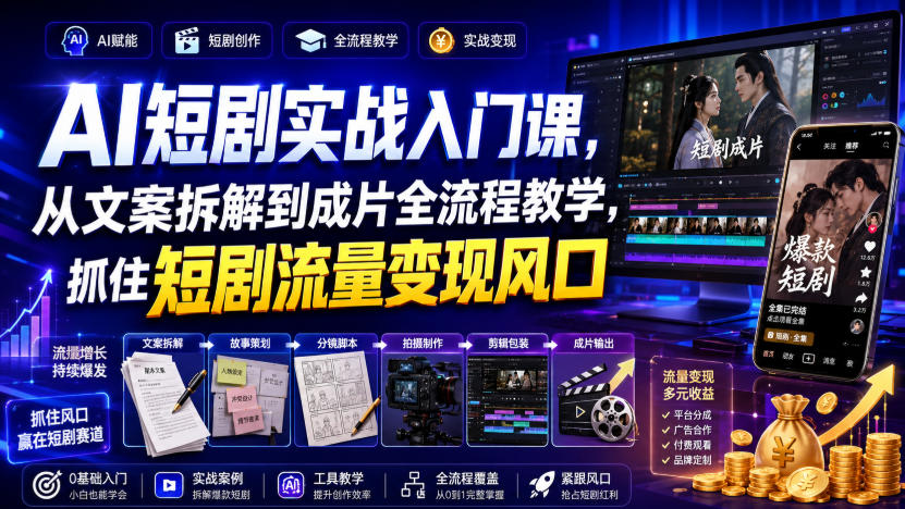AI短剧实战入门课,从文案拆解到成片全流程教学,抓住短剧流量变现风口-怪兽网创俱乐部