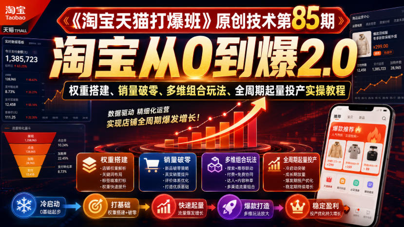 《淘宝天猫打爆班》原创技术第85期,淘宝从0到爆2.0,权重搭建、销量破零、多维组合玩法、全周期起量投产实操教程-怪兽网创俱乐部