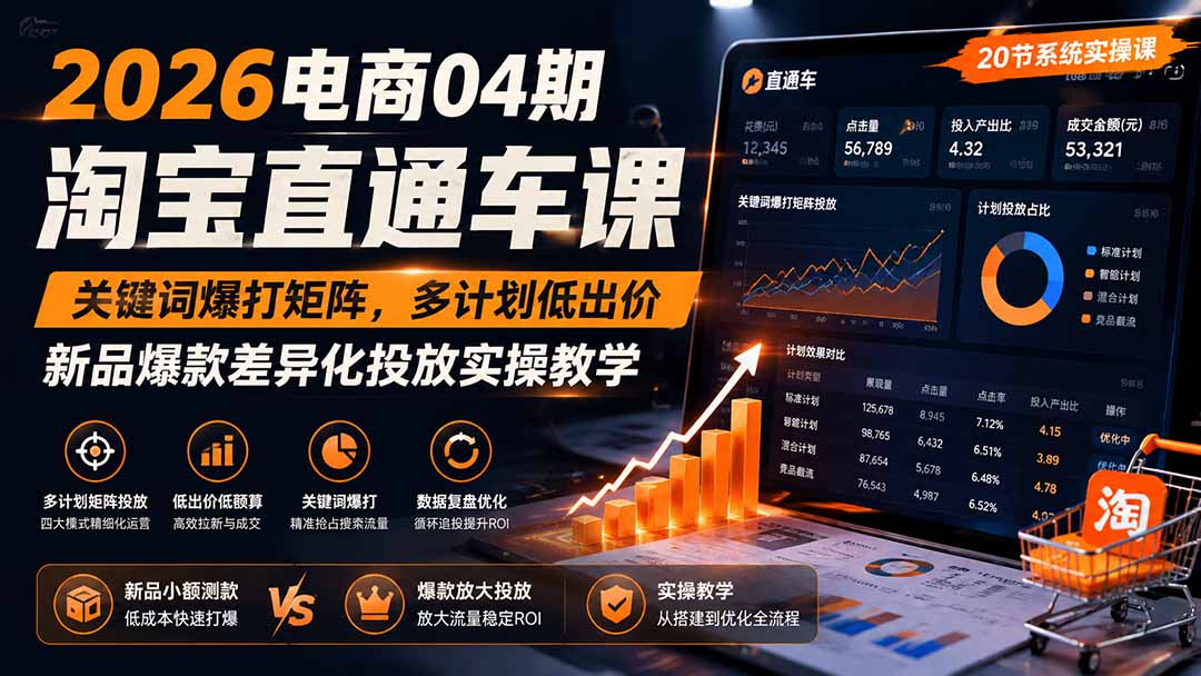 2026电商04期淘宝直通车课|关键词爆打矩阵,多计划低出价,新品爆款差异化投放实操教学-怪兽网创俱乐部