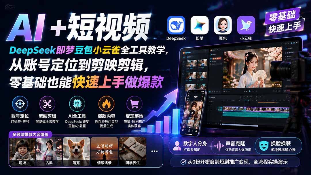 AI+短视频｜DeepSeek即梦豆包小云雀全工具教学，从账号定位到剪映剪辑，零基础也能快速上手做爆款-怪兽网创俱乐部