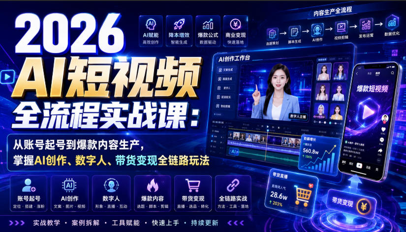 2026 AI短视频全流程实战课:从账号起号到爆款内容生产,掌握AI创作、数字人、带货变现全链路玩法-怪兽网创俱乐部