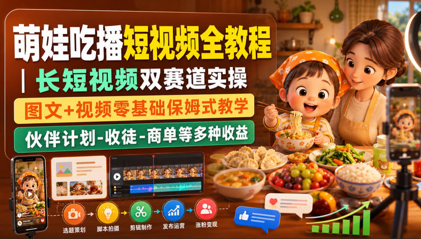 萌娃吃播短视频全教程｜长短视频双赛道实操，图文+视频零基础保姆式教学，伙伴计划-收徒-商单等多种变现方式-怪兽网创俱乐部
