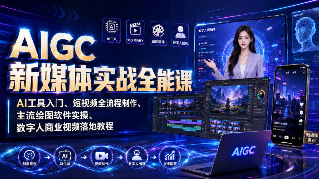 AIGC新媒体实战全能课｜AI工具入门、短视频全流程制作、主流绘图软件实操、数字人商业视频落地教程-怪兽网创俱乐部